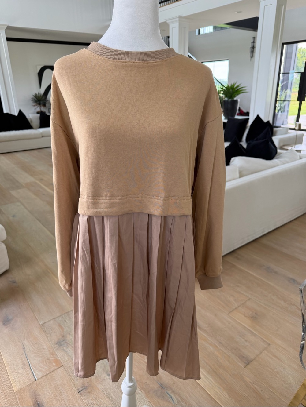 Casual Pleated Pullover Dress in Camel